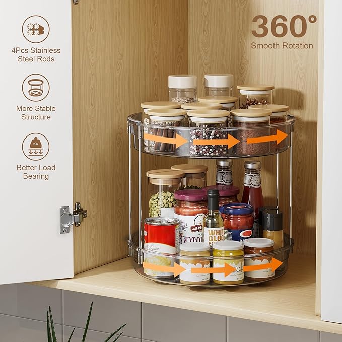 LAMU 2 Pack 2 Tier Lazy Susan Turntable Organizer 12'' Rotating Spice Rack Organization for Cabinet, Kitchen, Pantry, Countertop, Bathroom, Vanity, Medicine Cabinet Organizer, Grey
