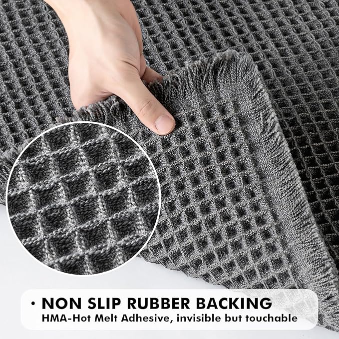 MIULEE Set of 2 Waffle Bathroom Rugs, Boho Bath Rugs Non Slip Washable, Super Absorbent Bath Mats, Ultra Soft Rubber Backed Shower Mats for Bathroom Floor, Tub, Dark Grey, 17"x24"+18"x30"