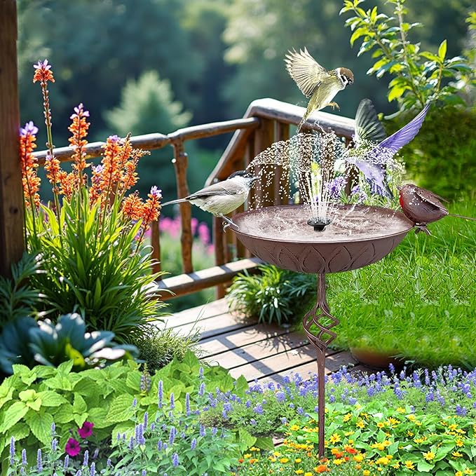 Metal Bird Bath for Outside,Hand-Painted Outdoor Birds Baths Water Bowl with Stake for Garden Patio Yard Lawn Decor, 27.6" H Bird Feeder with 5 Prongs Base,Vintage Freestanding Birdbaths & Birdfeeder