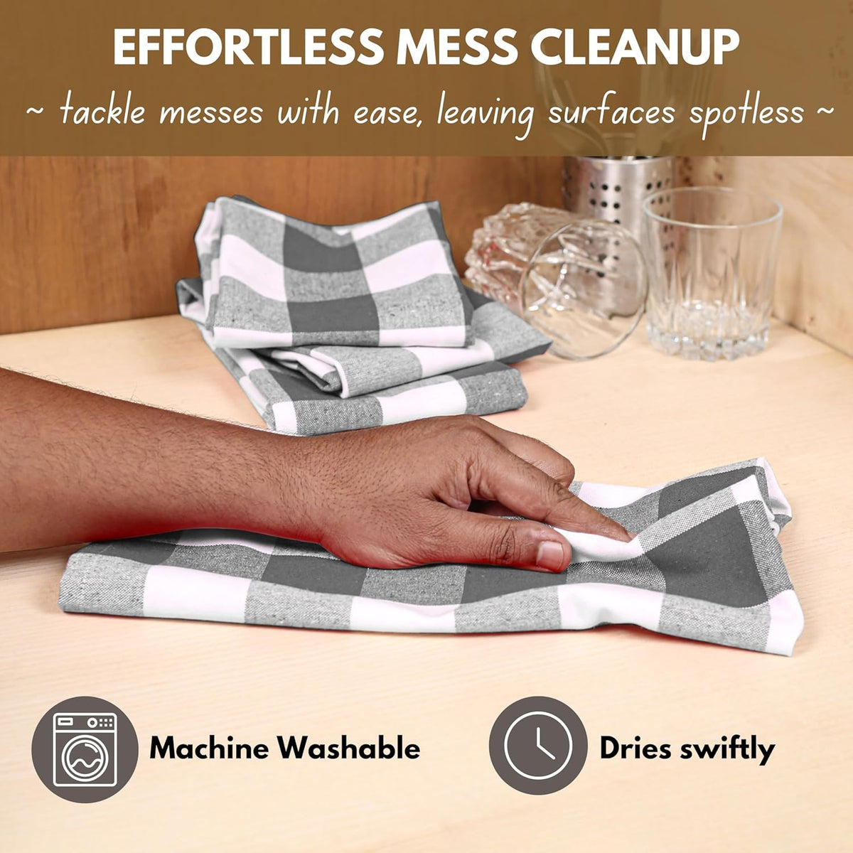 Native Fab 4-Pack Kitchen Towel with Hanging Loop 16x26 inches, Cotton Buffalo Check Kitchen Towels for Cleaning Drying, Washcloths Soft & Absorbent Cloth Rags, Bar Towel, Dish Cloth, Grey