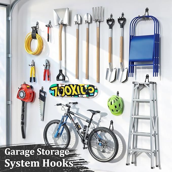Housolution Steel Garage Hooks - 18Pack Anti-Slip Coating, Heavy Duty Wall Mount Hooks for Bikes, Garden Tools, Ladders, Hose, Bulk Items Ropes, Garage Tool Organizer with Extension Cord Wrap, Black
