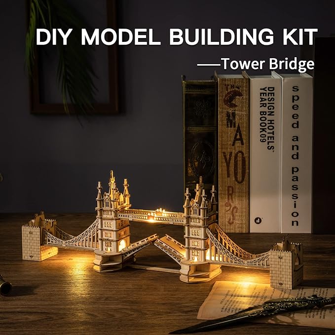 ROBOTIME 3D Puzzle Wooden Craft Kits with LED Light DIY Tower Bridge Construction Model Kit to Build for Teens Brain Teaser Puzzle Home Decor Birthday Gifts