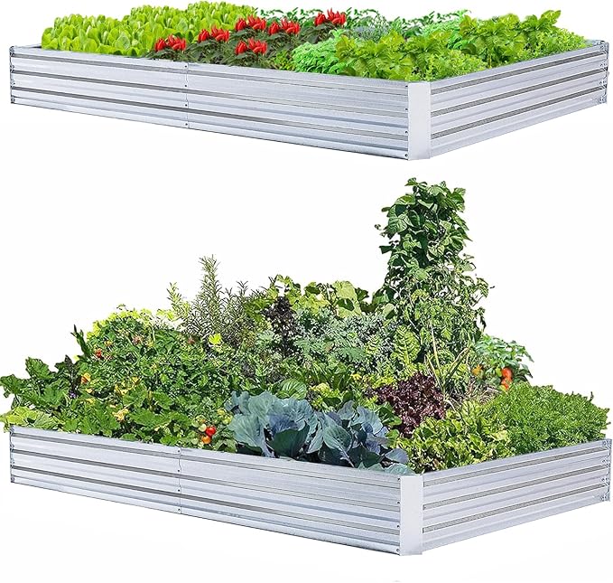 Galvanized Raised Garden Beds 2-Pack (8x4x1ft Each) – Flat Panel Design with 4 Support Bars, Heavy-Duty Metal Planter Box for Vegetables, Herbs, Flowers, Budget-Friendly Steel Garden Kit