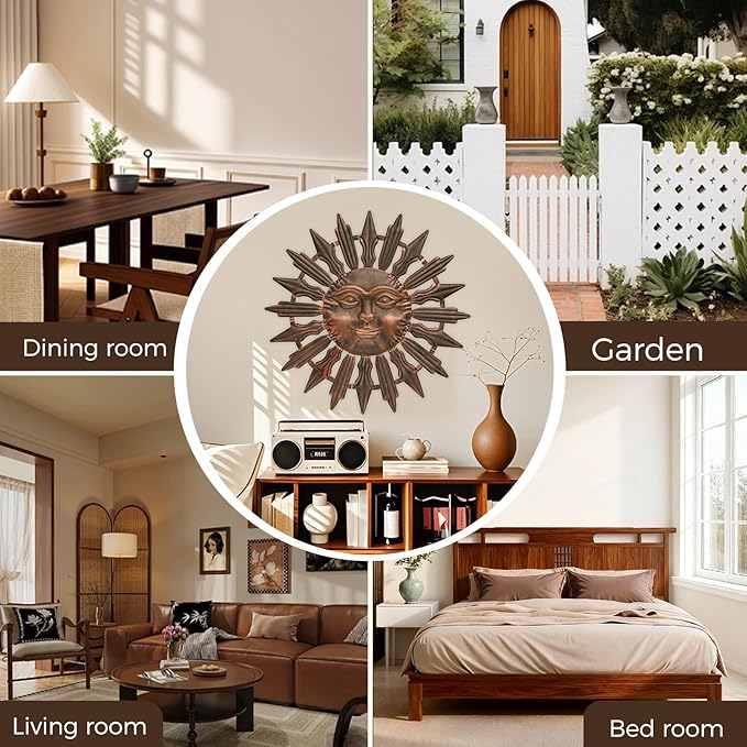 VESTCDF Metal Sun Wall Art Decor Outdoor Metal Wall Art Sun Outdoor,Large Wall Decorations for Garden, Sun Wall Art Metal Sun Face Art(Brown)