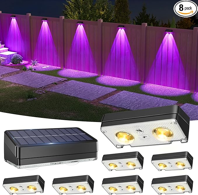 VOLISUN Solar Fence Lights Outdoor 8 Pack, 10 Colors ＆ Color Changing Fence Lights Solar Powered, IP65 Waterproof Solar Lights for Fence, Garden, Patio, Backyard, Railing, Deck, Wall, Pool（Black）