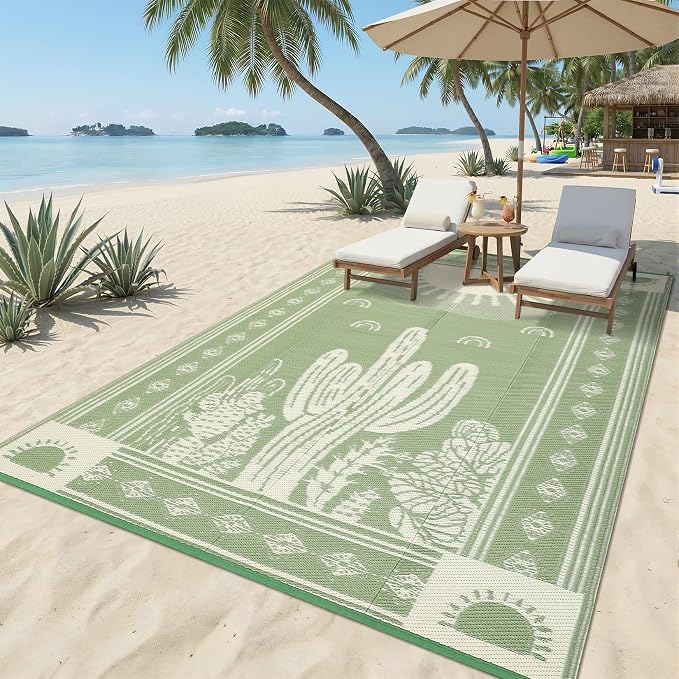 Garvee Reversible Cactus Outdoor Rug 8x10 for Patio, Waterproof Outdoor Area Rug, Modern Desert Botanical Indoor Outdoor Rugs, Plastic Straw Rug for RV, Camping, Deck, Sage Green & Beige