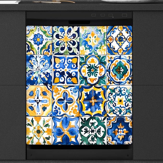 Dishwasher Magnet Cover Ethnic Mexican Tile Pattern Reusable Dishwasher Magnetic Cover Sticker Decorative Dish Washer Door Cover Panel for Home Kitcen Appliance, 21x26 in