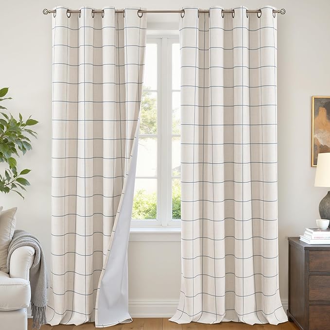 Lajode Navy Blue Plaid Linen Blackout Curtains