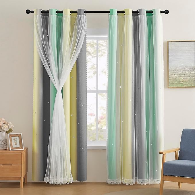 XiDi Yellow & Rainbow Curtains for Kids & Girls Room