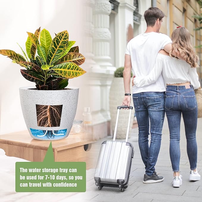 Large Self Watering Pots, 12/10/9 Plastic Planters with High Drainage Holes and Deep Reservoir for Indoor Outdoor Garden Plants and Flowers, White Speckles