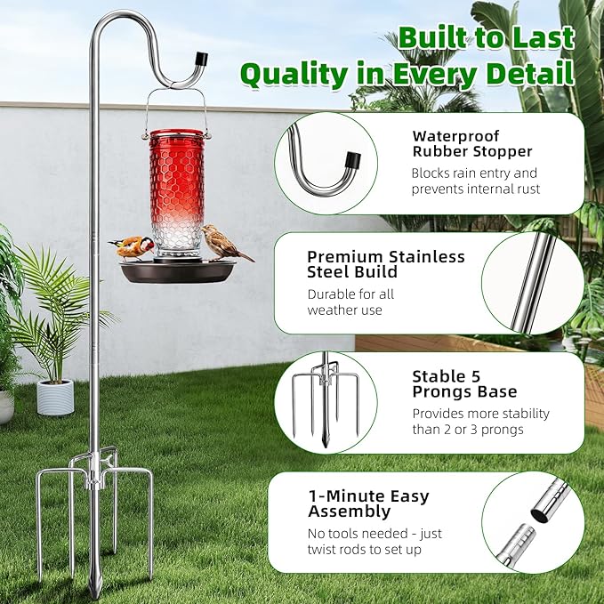 COCONUT 78 Inch Shepherds Hook for Bird Feeder, 5/8 Inch Width Heavy Duty Adjustable Outdoor Shepherd Hooks with 5-Prong Base for Lanterns Planting Hanger Weddings Decor, Silver