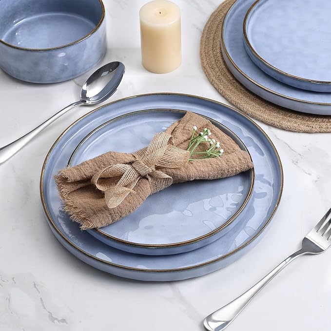 LIANYU Dinnerware Dish Sets for 4, 12 Piece Stoneware Plates and Bowls, Kitchen Dinner Set for Dessert Salad Pasta, Microwave & Dishwasher Safe, Serenity Blue