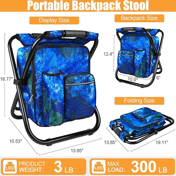 Kikerike Backpack Stool Cooler Chair Heavy Duty 300 LBS Max Load Portable Lightweight Stool Backpack Folding Fishing Cooler Seat for Camping Hunting Fishing - Ocean