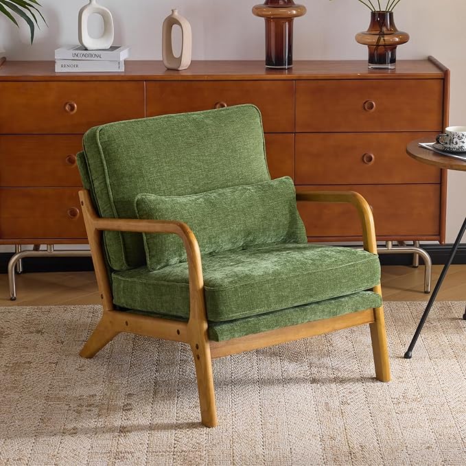 Karl home Mid Century Modern Accent Chair with Lumbar Pillow & Oak Arms – Plush Chenille Living Room Chair for Bedroom, Lounge (Olive Green)