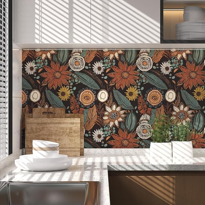Laatse Boho Wallpaper Peel and Stick, Vintage Floral Contact Paper 17.5" x