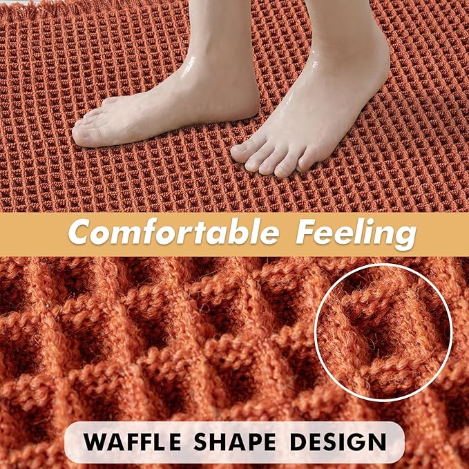MIULEE Orange Set of 2 Waffle Bathroom Rugs, Boho Bath Rugs Non Slip Washable, Super Absorbent Bath Mats, Ultra Soft Rubber Backed Shower Mats for Bathroom Floor, Tub and Shower, Fall Decor 18x30 Inch