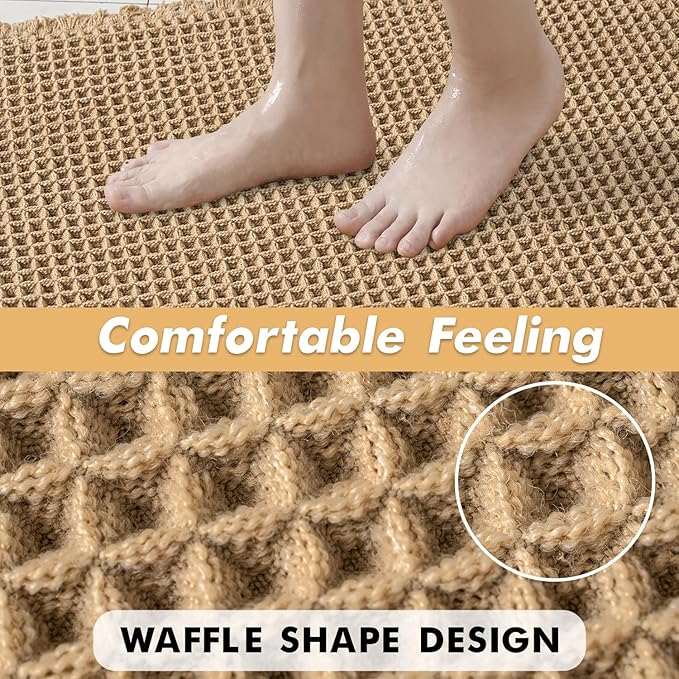 MIULEE Set of 2 Waffle Bathroom Rugs, Boho Bath Rugs Non Slip Washable, Super Absorbent Bath Mats, Ultra Soft Rubber Backed Shower Mats for Bathroom Floor, Tub and Shower, Brown, 18x30 Inch