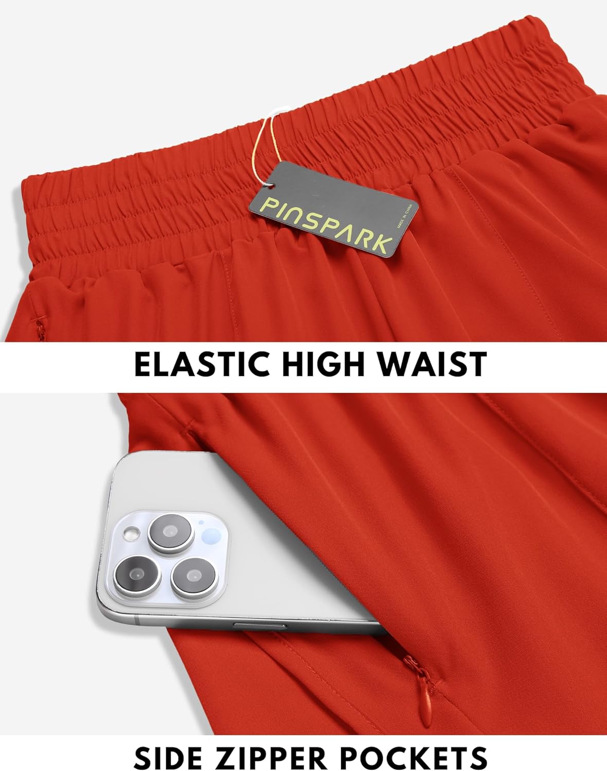 PINSPARK Women's 3'' High Waisted Running Shorts - Quick Dry Mesh Liner & 2 Zip Pockets