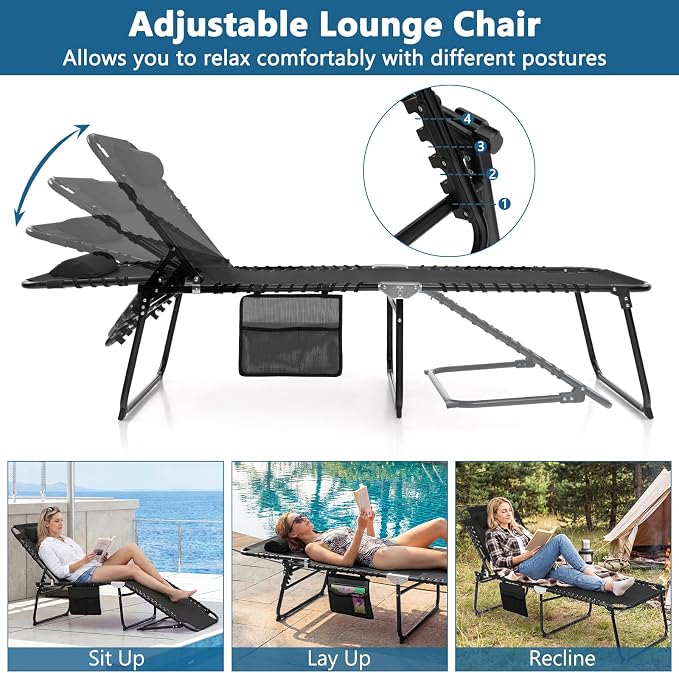 Giantex Patio Lounge Chairs for Outside - Folding Tanning Chair w/Headrest, 4 Adjustable Positions, Side Pocket, Outdoor Chaise Lounge for Camping, Pool, Sunbathing Beach Chair, Black