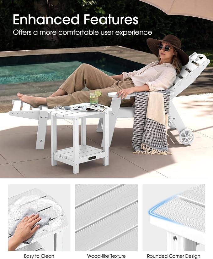 Outdoor Side Table – 2-Tier HDPE Adirondack Side Table, Sturdy Small Outdoor Tables, Weather-Resistant & Easy Assembly Patio End Tables for Garden, Balcony, Porch & Poolside (White)