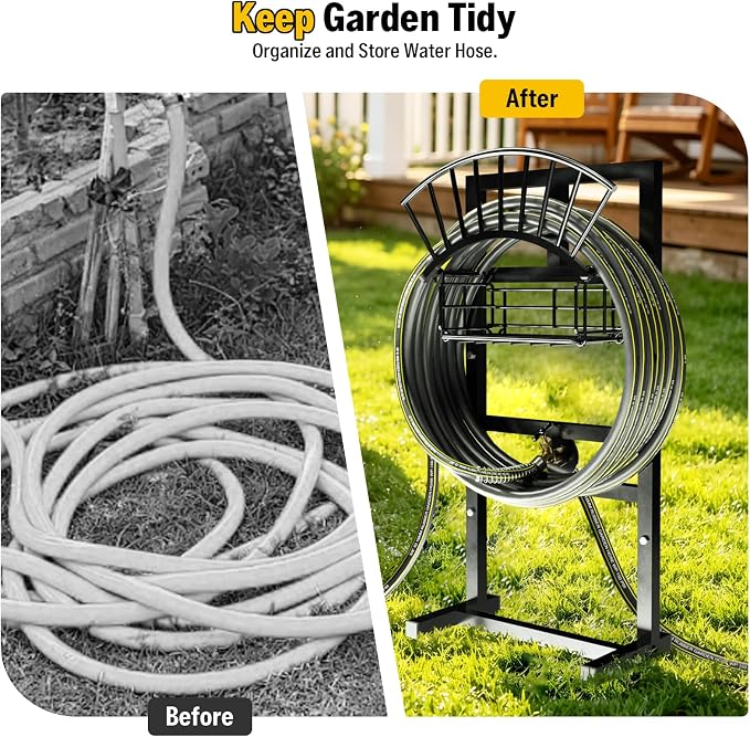Heavy Duty Garden Hose Holder include 45ft Rubber Hose 5/8" | 4 Spike Freestanding, 2 Middle Bars for Enhance Stability, Anti-Rust Outdoor, Brass Fitting, Tidy Organizer