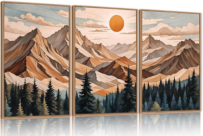 KAIRNE Vintage Mountain Framed Canvas Wall Art Set,Boho Pine Tree Forest Wall Decor,Woodcut Wilderness Landscape Art Prints,Nature Sunrise Artwork for Living Room,Bedroom,Farmhouse,Office-24 x36 x3