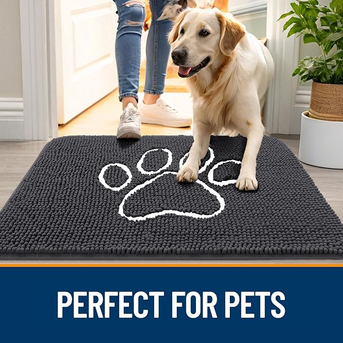 OLANLY Dog Door Mat for Muddy Paws 59x32, Paw Print Design, Absorbs Moisture and Dirt, Absorbent Non-Slip Washable Doormat, Quick Dry Chenille Mud Mat for Dogs, Entry Indoor Entryway Carpet, Dark Grey