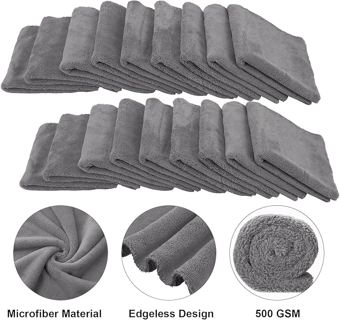 Shimeyao 30 Pcs 16 x 16 Inch Edgeless Microfiber Plush Towels for Cars Detailing Drying Wash Polishing Absorbent Cleaning Cloths, 500 GSM(Gray)