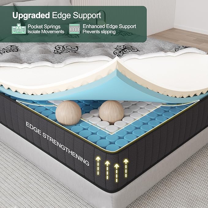 Full Mattress, 9 Inch Hybrid Mattresses Bed in a Box with Gel Memory Foam & Pocket Spring, Euro Top, Medium Firm for Back Support & Pressure Relief, Motion Isolation, Grey