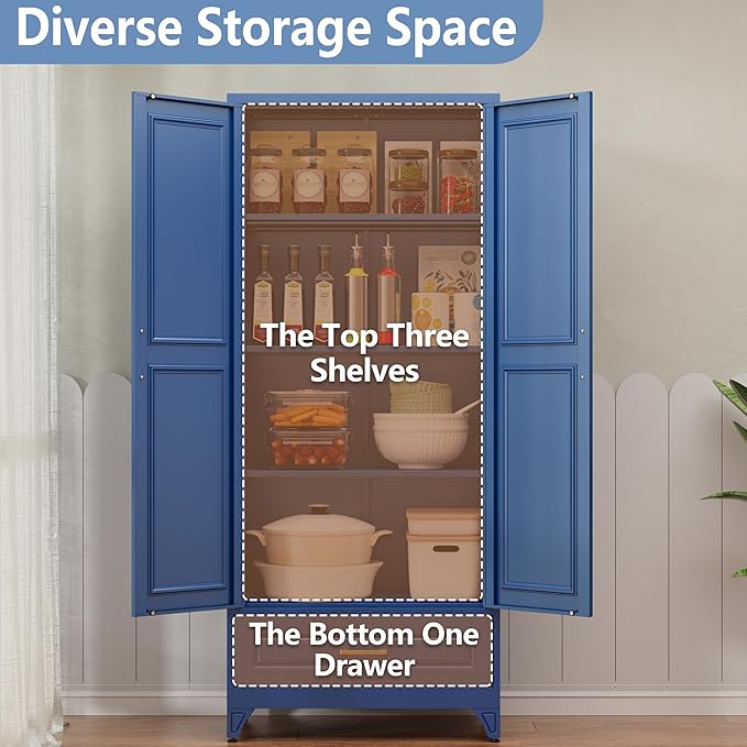 Metal Storage Cabinet,75" Tall Kitchen Pantry Storage Cabinet with Doors and Adjustable Shelves, Blue Metal Pantry Cabinets with Drawer, Large Cupboard for Kitchen, Dining Living Room