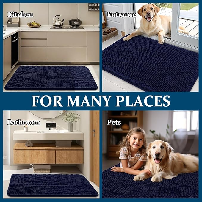 OLANLY Dog Door Mat for Muddy Paws 30x17, Absorbs Moisture and Dirt, Absorbent Non-Slip Washable Doormat, Quick Dry Chenille Mud Mat for Dogs, Entry Indoor Entryway Carpet for Inside Floor, Navy Blue