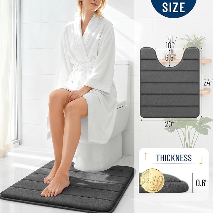 OLANLY Memory Foam Toilet Rugs U Shaped 24x20, Super Soft Absorbent Contour Bath Rugs, Quick Dry, Machine Washable Toilet Mat, Bathmat Floor Carpet, Bathroom Home Decor Accessories, Black