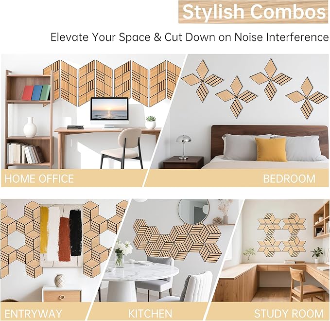 Mollywell Acoustic Panels, PVC Wood-Grain, 14x12 Inch Hexagon Carved Sound