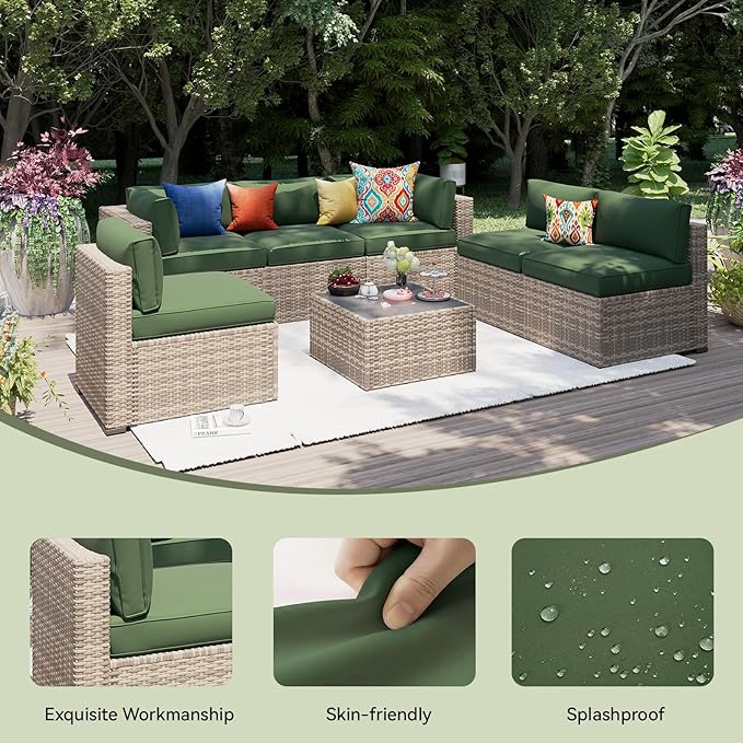 Aoxun 14pcs Patio Cushion Covers Replacement, Waterproof Outdoor Furniture Cushion Covers with Zipper and Non-Slip Bottom, Patio Sofa Couch 3 Sizes for Patio Sectional, Covers Only (Green)