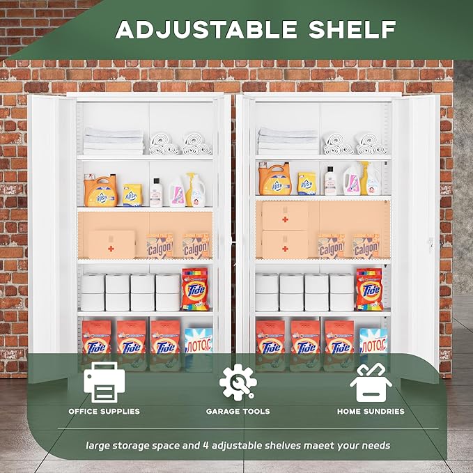 Greenvelly Metal Garage Storage Cabinet with Doors and Adjustable Shelves,72" Steel Lockable File Cabinet for Home Office,Garage,School(White,32" W x 16" D)