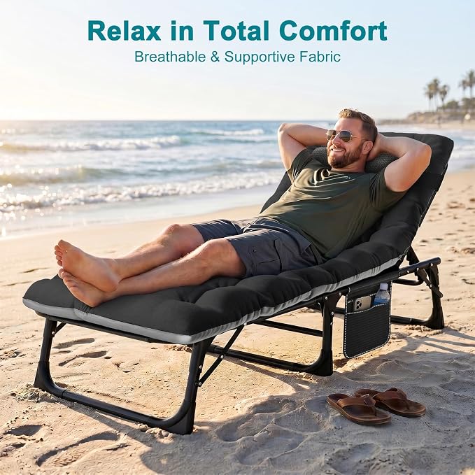 ABORON Tanning Chair, 5-Position Padded Folding Chaise Lounge | 5-position folding chaise lounge supports 500 lb and has a removable cushion and pillow for sunbathing, poolside or patio.