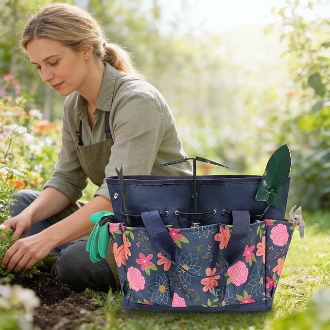 Waterproof Garden Tool Bag, 600D Oxford Portable Gardening Tote with Handle & Multi Pockets, Ideal Gifts for Parents Women (Blue, Tools Not Included)