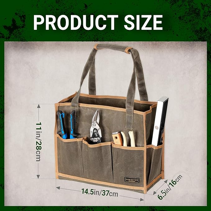 Heavy Duty 16OZ Waxed Canvas Tool Bag,15-Pockets Portable Tote Bag,Muti-Purpose Garden Tool Storage Bag with Padded Handle | ArmyGreen