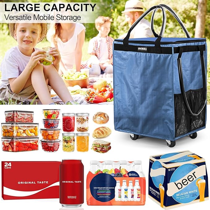 (Medium,Blue) Reusable Grocery Bag on Wheels, 70L Foldable Rolling Tote, Carries Up to 66 lbs Shopping Trolley, Zipper Clouser Shopping Carts for Trips, Laundry, 4 Heavy Duty Wheels and 3 Handles