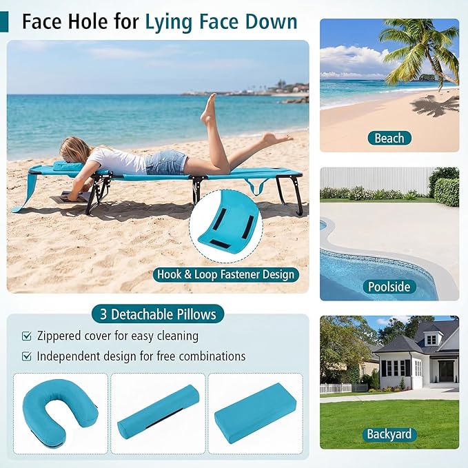 Folding Beach Lounge Chair w/ 5 Adjutable Backrest & Padded Pillow, Sunbathing Lounger Chair, Sun Tanning Lay Flat Chair for Seaside Pool Deck, Max Load 330 LBS, No Assembly Required (Navy)