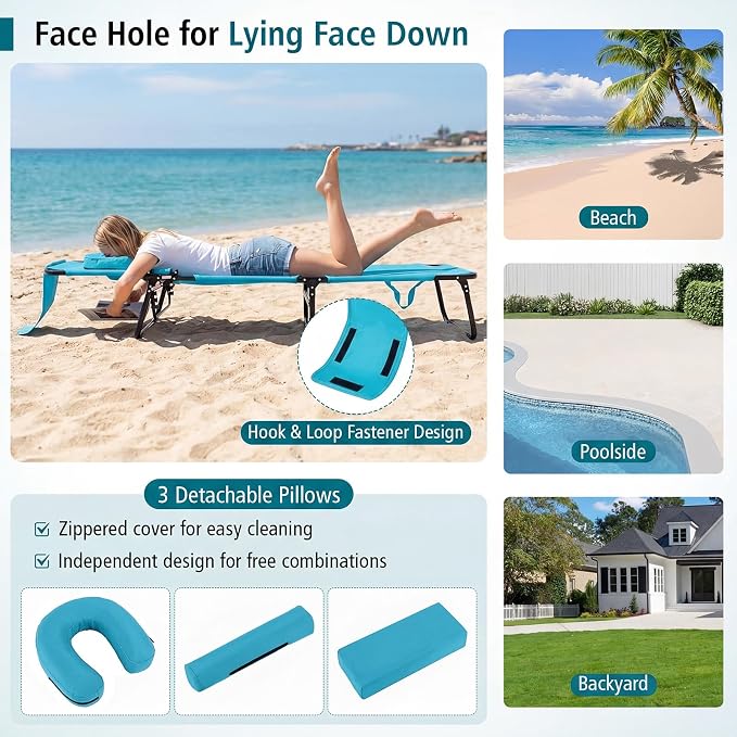 GYMAX Beach Lounge Chair, Sunbathing Chair Patio Lounge Chair Folding Adjustable Recliner with Hole for Face