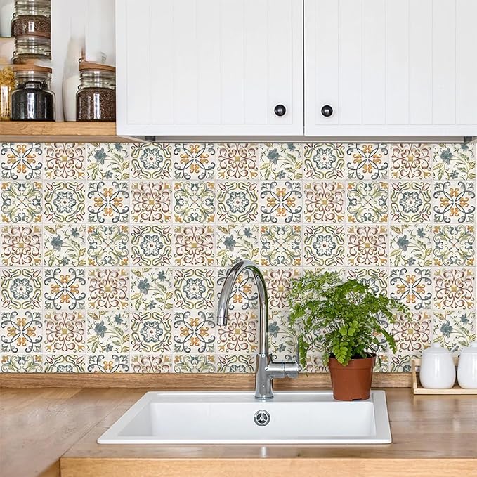Wudnaye Bohemian Wallpaper Peel and Stick Faux Tile Contact Paper 17”×393” Tile
