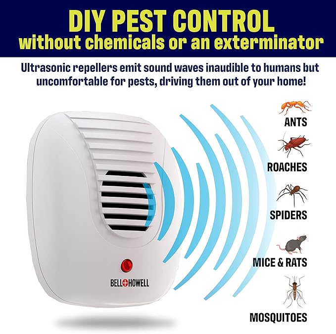 The Bell and Howell Ultrasonic Pest Repeller plug in device Complete Kit 6 Pack, Effectively Aids to repel mice, bugs, Rats, Rodents, Mosquitos, roaches, Spiders and Ants Chemical, odor and sound free