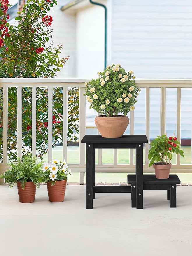 LUE BONA Outdoor Side Table, 2-Tier HDPS Outdoor Nesting End Table with Removable Small Foot Stool for Patio, Deck, Poolside, Low Maintenance & Weather Resistant,Black