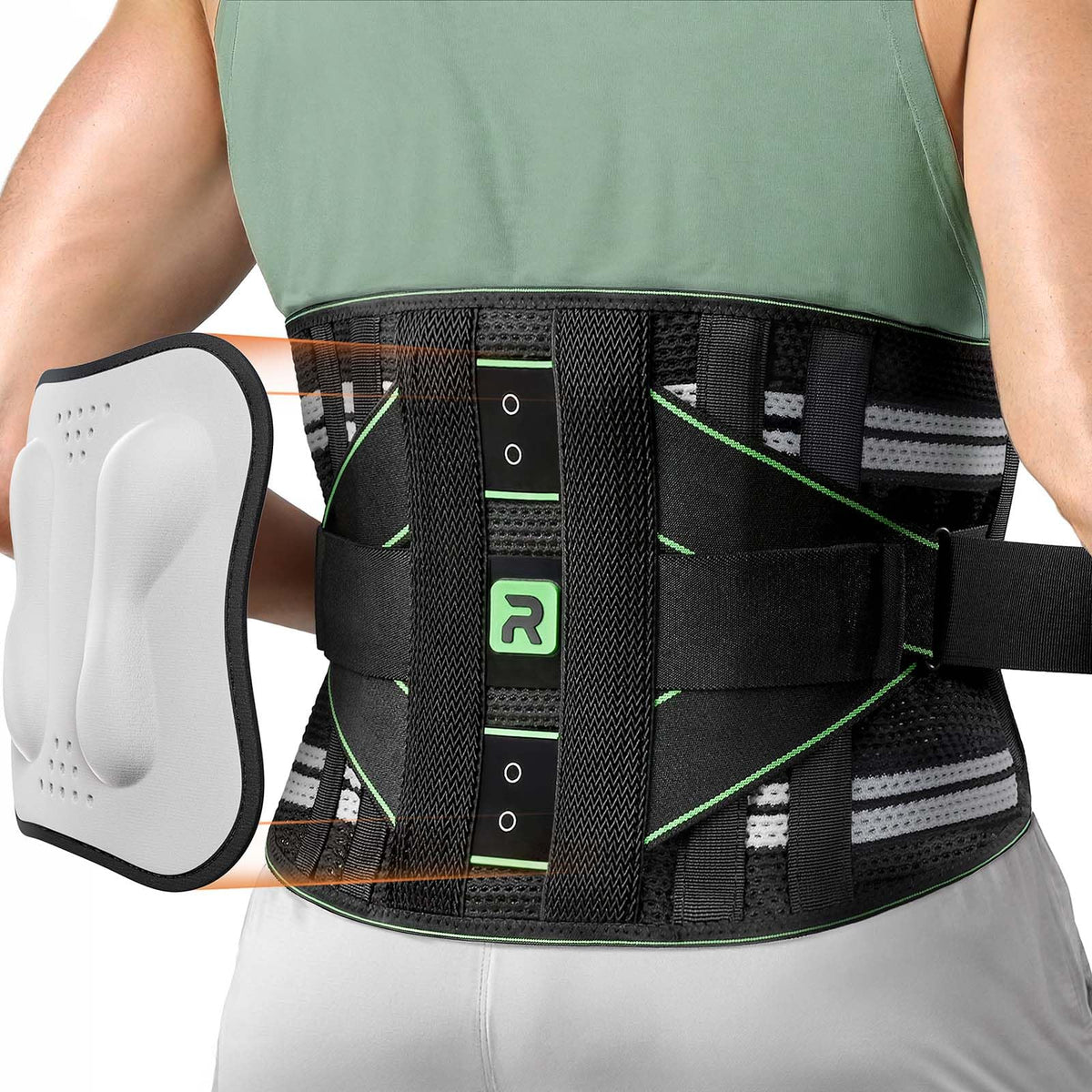 Rakiie Back Brace for Lower Back Pain Relief, 8 Stays Powerful Lumbar Support for Men Women, Back Support Belt with 3D Pad, Breathable Back Support Brace with Adjustable Strap for Herniated Disc, Sciatica, Green Size M