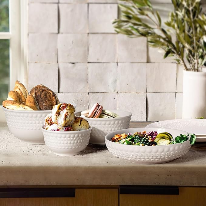 Small Ceramic Bowls - 14 Oz Ice Cream Bowls Set of 4, White Embossment Dessert Bowl for Kitchen, Soup, Side Dishes, Oatmeal, Rice, 4.75 Inch Microwave Oven Safe(Auspicious Clouds)