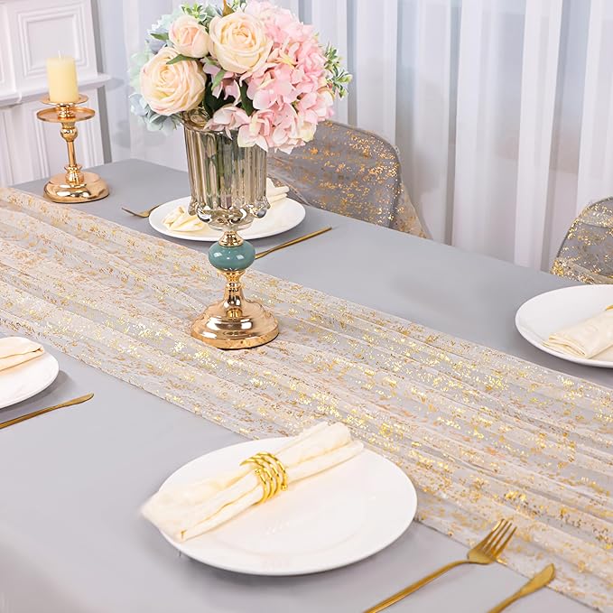 Snowkingdom 3Pcs 10Ft Gold Table Runners, Sheer Gauze Chiffon Cheesecloth Glitter Golden Metallic Foil, Gold Decorations for Home Party Wedding Birthday Anniversary Fall Thanksgiving Christmas Holiday