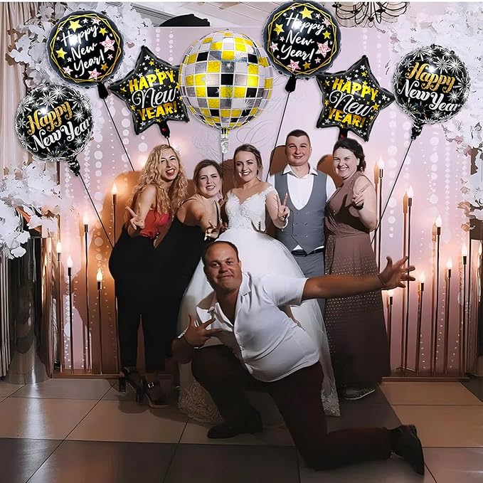 Happy New Year Balloons 4D Black Gold New Years Nye Balloons for New Years Eve Decorations 2026 Happy New Year Eve Party Supplies