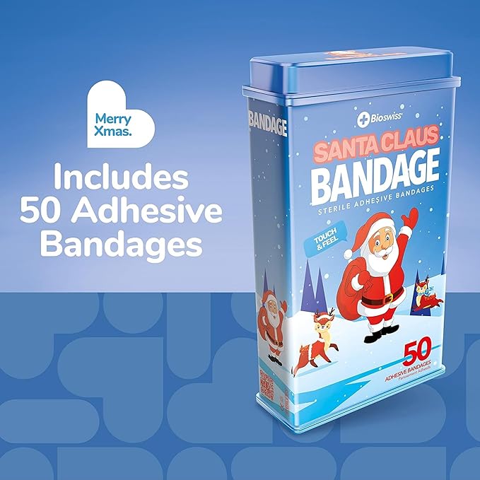 BioSwiss Kids Bandages, Christmas Santa Claus Shaped Self Adhesive Bandage Set, Latex Free, Sterile Wound Care, 50 Count