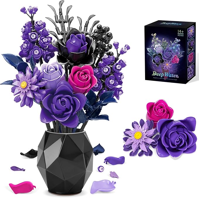 Purple Roses Bouquet Building Blocks Set, Botanical Collection Artificial Flowers Compatible with Lego Flowers, Christmas Decor Gift for Adults Teens Women, Gothic Home Decor Bouquet